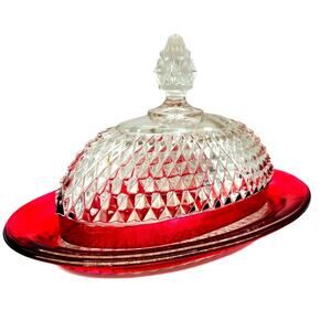 Indiana Glass Cranberry Red Diamond Point Covered Butter Dish